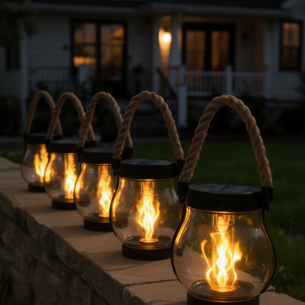 Solar lanterns arranged along a low wall