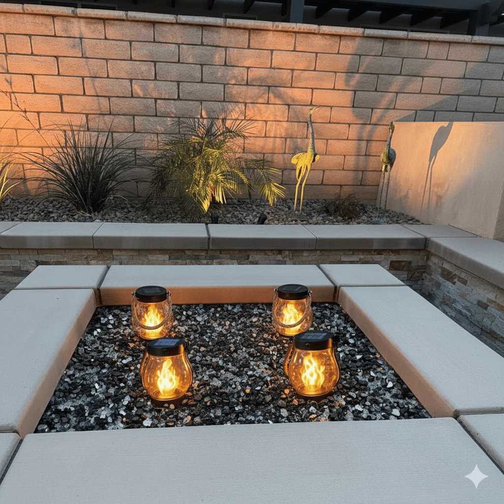 Solar lanterns as accents in a modern courtyard