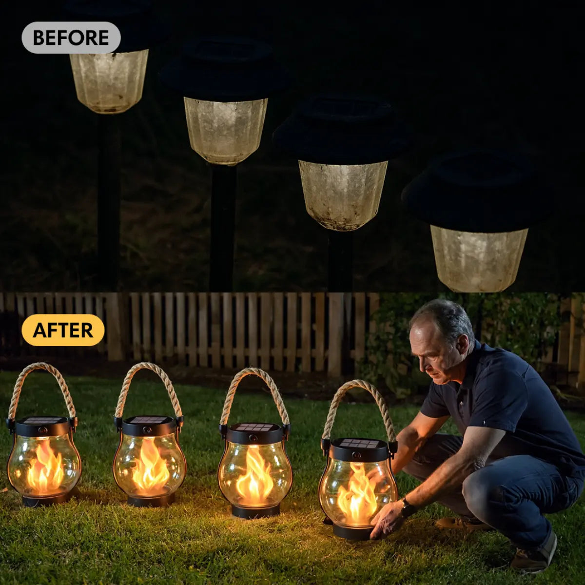 The same garden before, and after sunset with Solar Flames lanterns lit