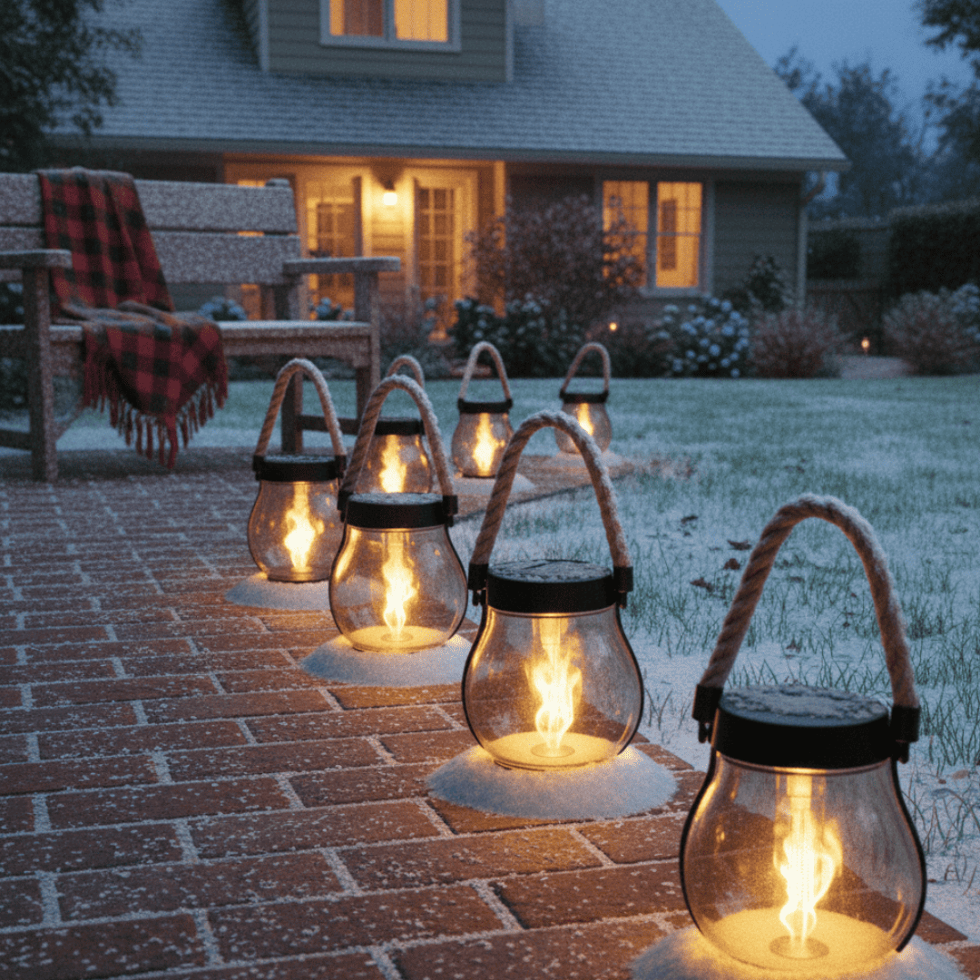 Lanterns glowing in snow